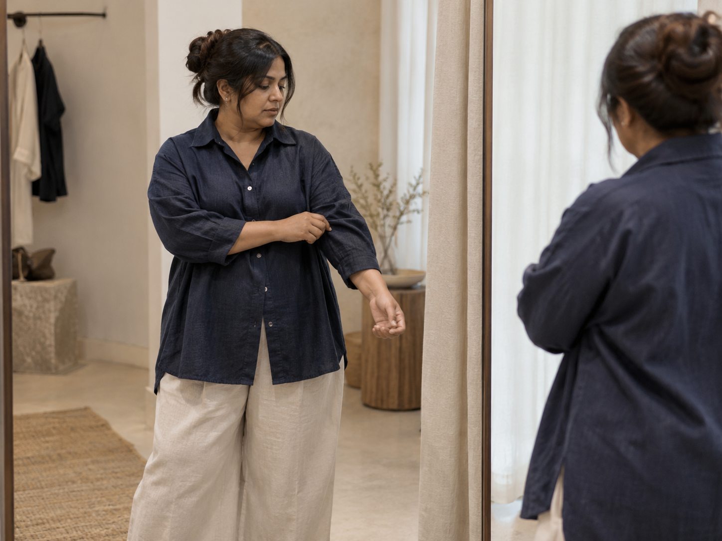 A woman in a navy linen shirt and wide trousers checks her sleeve in a tall mirror