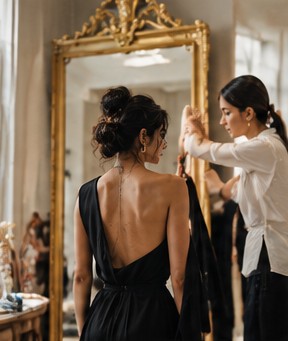 A woman in a black backless dress faces an ornate mirror while a fitter adjusts it