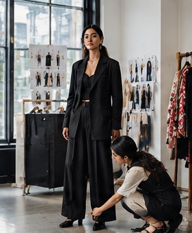 A woman in a black trouser suit stands in a tall-windowed showroom while a fitter checks the hem