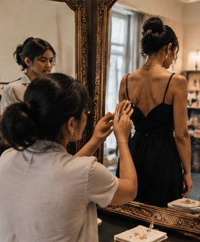 A fitter adjusts the back of a black slip dress in front of a gilt mirror