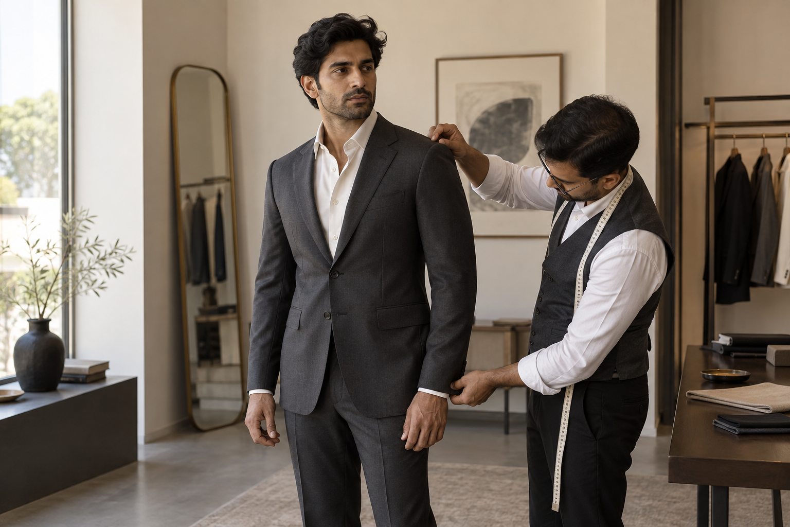 A tailor places his hand on the shoulder of a man's charcoal jacket