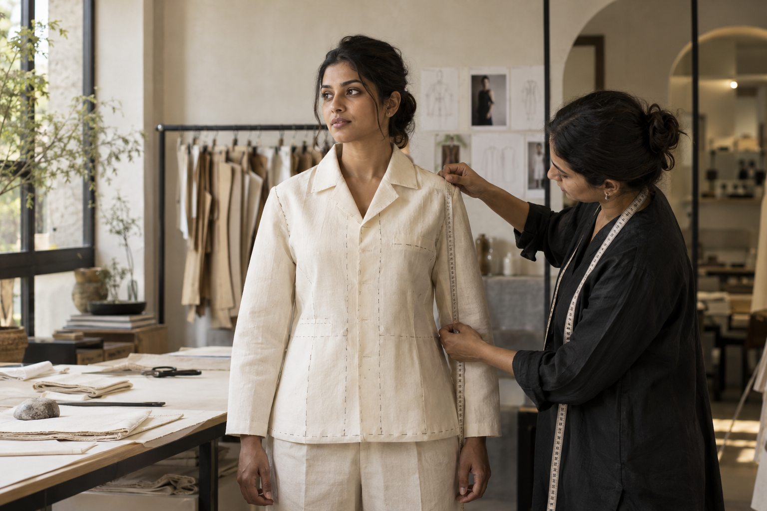 A fitter checks the shoulder of an ivory jacket while the wearer looks ahead