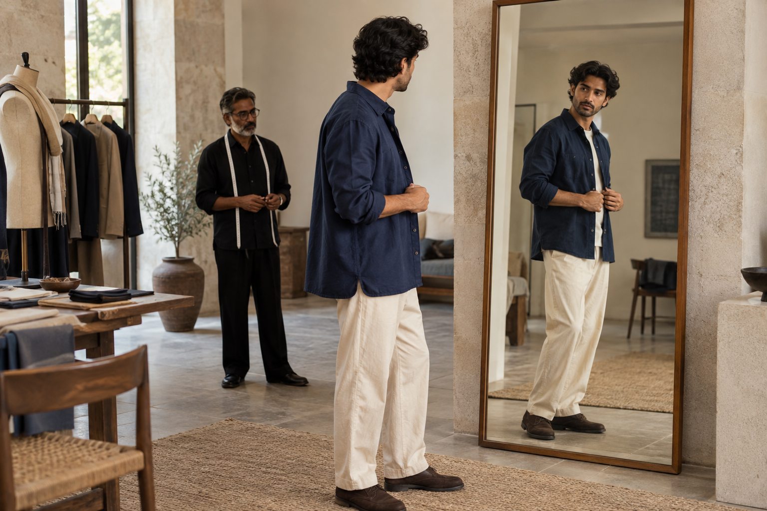 A man in a navy overshirt and cream trousers turns toward a tall mirror while a tailor watches